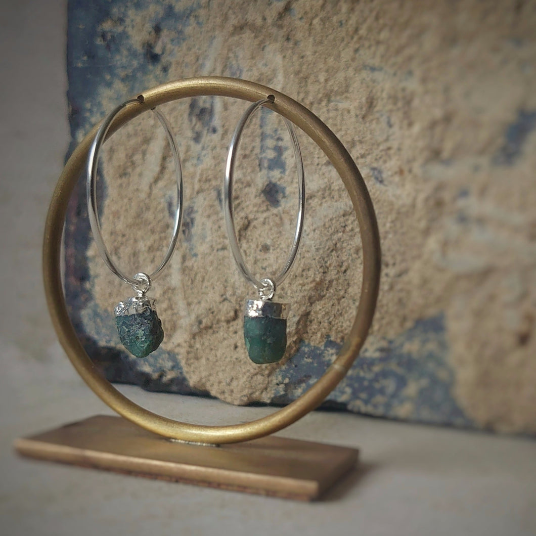 Sterling Silver Hoop Earrings With Emerald Drop - Made To Order
